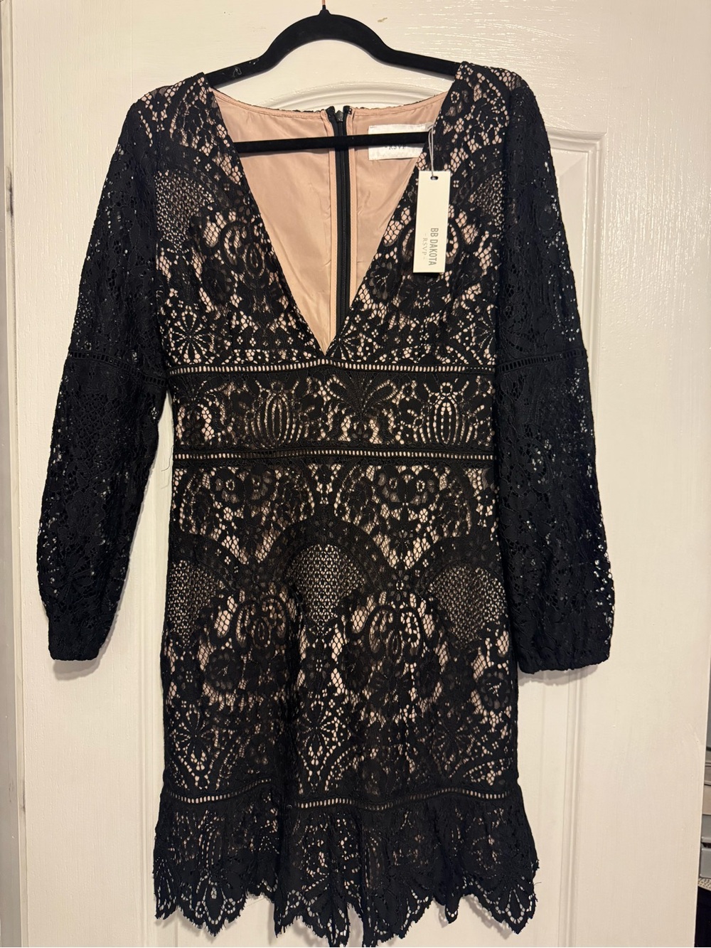 NEW BB Dakota Sexy Black Lace Long Sleeve Deep V-Neck Dress with Nude Lining